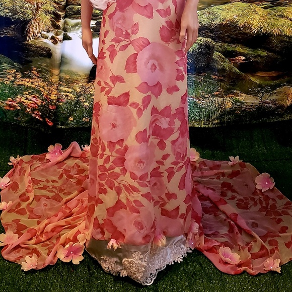 Sample Gown Only-ADRIENNE Pink Ivory Silk Chiffon Lace Wedding Gown - Picture 3 of 15